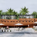 Boat Shaped Guesthouse Building Surrounded By Palm Trees With Outdoor Seating And Umbrellas