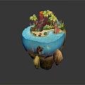 Tropical Island Scene With Volcano Palm Trees Lighthouse Blue Water And Rock Base