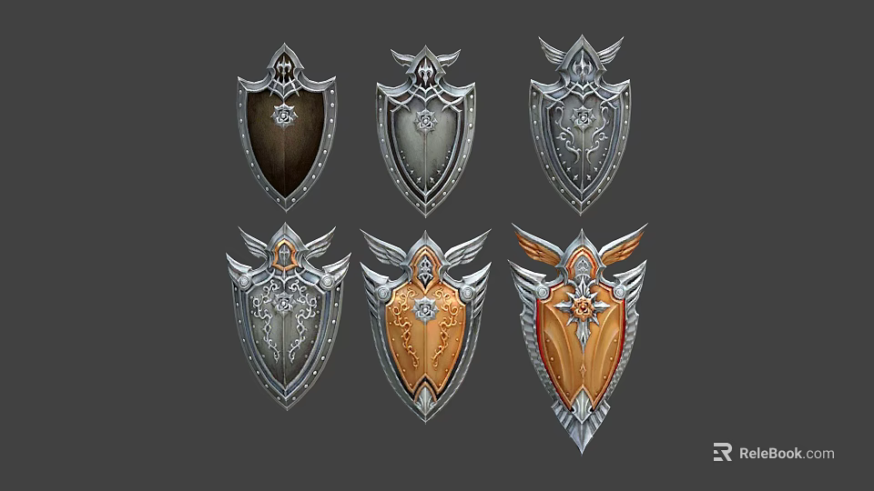 Ornate Fantasy Shield Designs With Various Colors Metal Textures And Gemstone Details 3d model 