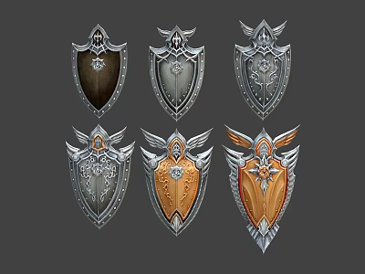 Ornate Fantasy Shield Designs With Various Colors Metal Textures And Gemstone Details 3d model