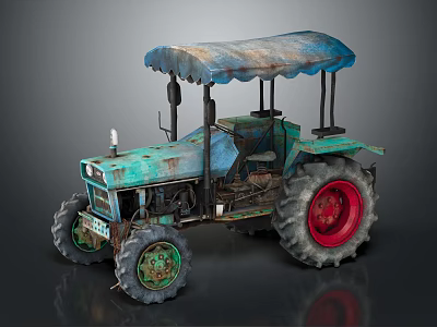 Old Teal Rusty Tractor With Blue Canopy And Red Rimmed Wheels 3d model