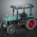 Old Teal Rusty Tractor With Blue Canopy And Red Rimmed Wheels 3d model