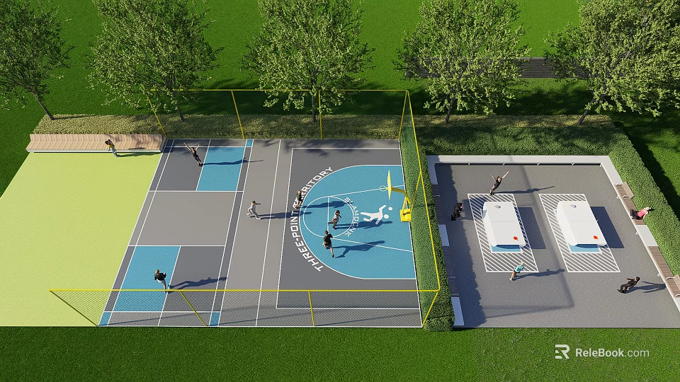 Outdoor Sports Area With Basketball Court Ping Pong Tables Green Lawn And Trees 3d model 
