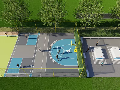 Outdoor Sports Area With Basketball Court Ping Pong Tables Green Lawn And Trees 3d model