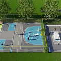 Outdoor Sports Area With Basketball Court Ping Pong Tables Green Lawn And Trees
