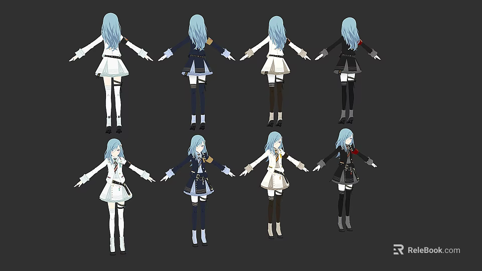 Anime Game Character With Blue Hair In Multiple Outfits And Poses 3d model 
