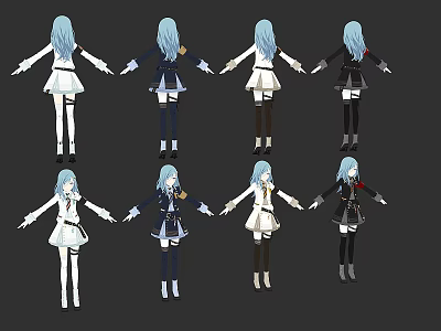 Anime Game Character With Blue Hair In Multiple Outfits And Poses 3d model