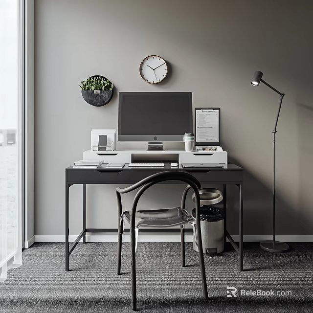 Modern Home Office Desk Setup With Computer Monitor Transparent Chair Wall Clock And Potted Plant 3d model 