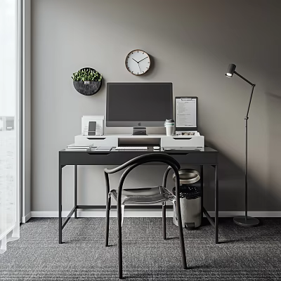 Modern Home Office Desk Setup With Computer Monitor Transparent Chair Wall Clock And Potted Plant 3d model