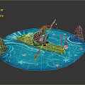 Lizard Creature Fishing On Wooden Raft With Blue Water And Decorative Rocks