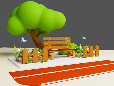 Garden Landscape with Large Green Tree Wooden Bench Small Fence Flowers Butterflies and Red Track 3d model