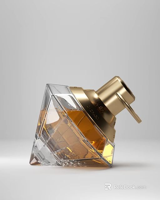Luxury Perfume Bottle With Transparent Diamond Shape Golden Cap And Amber Liquid 3d model 