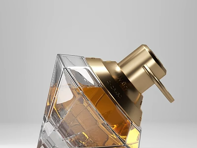 Luxury Perfume Bottle With Transparent Diamond Shape Golden Cap And Amber Liquid 3d model