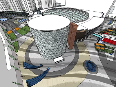Modern Commercial Complex with Circular Glass Facade Plaza Area Green Spaces and Transportation Links 3d model