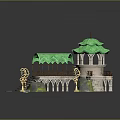 3D Model Scene With Green Pavilions Stone Staircase Balcony And Golden Lamp Posts On Grassland