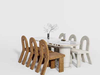 Modern Round Dining Table Set With White Top Brown And White Chairs And Flower Vase 3d model