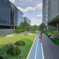 Modern Glass Curtain Wall Office Building With Landscaped Gardens And Pedestrians