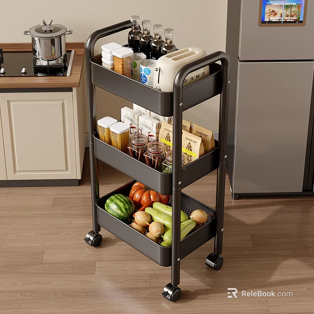 Modern Kitchen Interior Featuring Three Tier Rolling Cart With Fruits Vegetables And Cabinets 3d model 