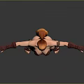 Red Haired Woman In Crimson Tight Outfit With Arm Cuffs Arms Outstretched On Gray Background