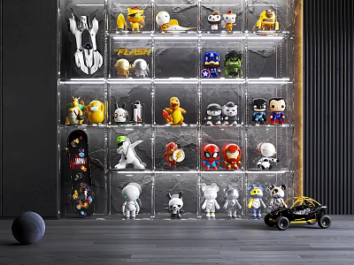 Toy Figurines Collection on Transparent Acrylic Shelf with Various Styles and Colors 3d model