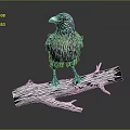 Metallic Raven Sculpture Standing On Tree Branch Gray Background With Reflection 3d model