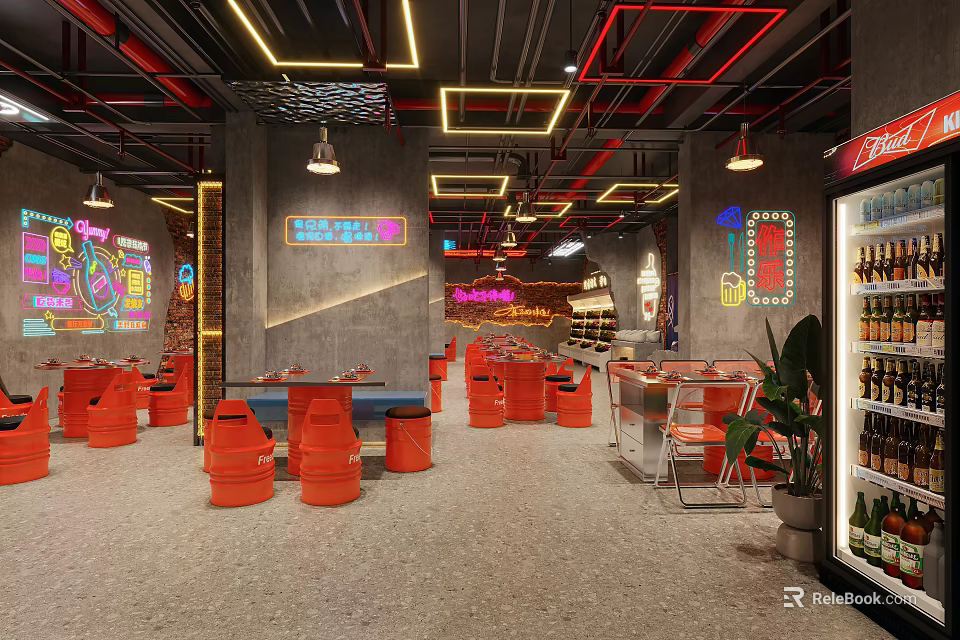 Industrial Style Restaurant Interior With Red Seats Neon Decorations Bar Counter And Gray Concrete Floor 3d model 