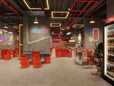 Industrial Style Restaurant Interior With Red Seats Neon Decorations Bar Counter And Gray Concrete Floor 3d model