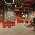 Industrial Style Restaurant Interior With Red Seats Neon Decorations Bar Counter And Gray Concrete Floor