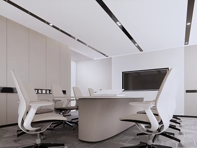 Modern Conference Room Interior Design With Large Meeting Table White Ergonomic Chairs And Wall Screen 3d model