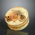 Vintage Electronic Appliance Featuring Circular Rusted Metal Casing And Ports