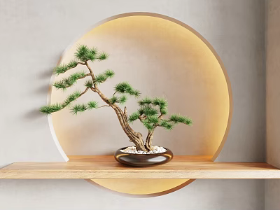 Decorative Bonsai Plant On Wooden Shelf With Round Backdrop Light And Pebble Pot 3d model