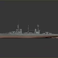Vintage Battleship 3D Model With Turrets Masts And Crane On Water Surface
