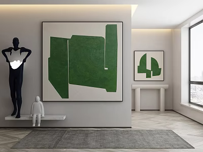 Large Green Abstract Painting in Modern Interior with Sculptures and Wall Art 3d model