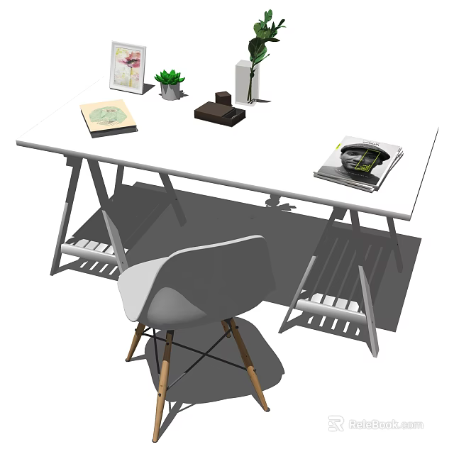 Modern Minimalist Desk Setup With White Chair Book Potted Plant And Magazine 3d model 