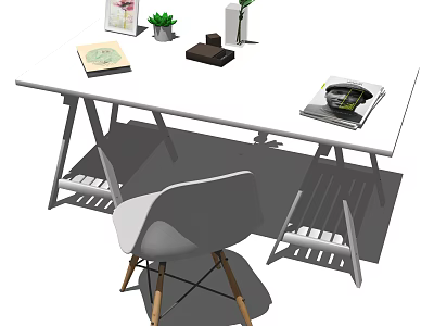 Modern Minimalist Desk Setup With White Chair Book Potted Plant And Magazine 3d model