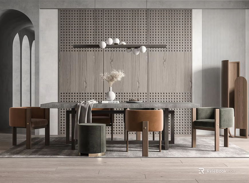 Dining Table Set With Modern Chairs Stool Pendant Light White Flowers And Perforated Wall 3d model