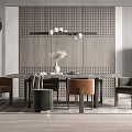 Dining Table Set With Modern Chairs Stool Pendant Light White Flowers And Perforated Wall 3d model