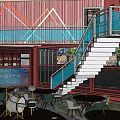 Modern Memory Tavern Interior Night Scene With Neon Lights Tables Chairs And Staircase