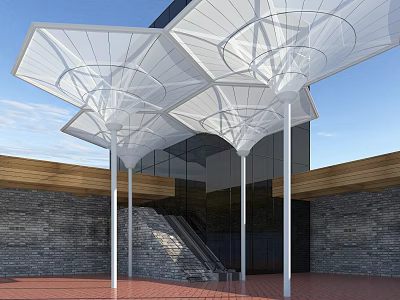 White Tensile Membrane Structure With Supporting Columns At Building Entrance Featuring Brick Walls And Staircase 3d model