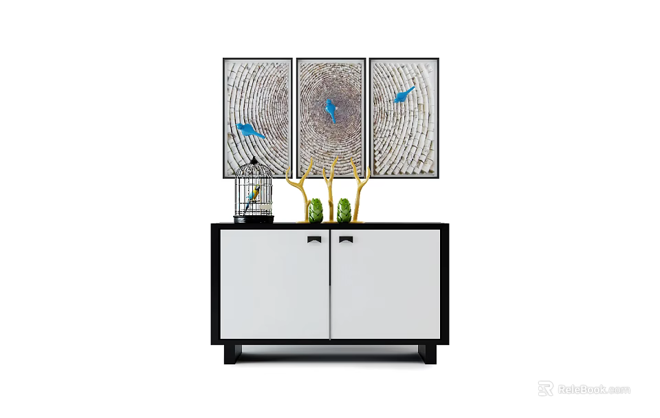 Modern Entryway Console Cabinet With White Doors Black Frame And Blue Bird Artwork On Top 3d model 