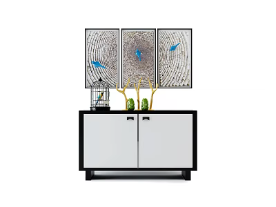 Modern Entryway Console Cabinet With White Doors Black Frame And Blue Bird Artwork On Top 3d model
