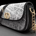 Stylish Ladies Bag With Black And White Pattern Golden Double D Logo And Gold Chain