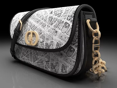 Stylish Ladies Bag With Black And White Pattern Golden Double D Logo And Gold Chain 3d model