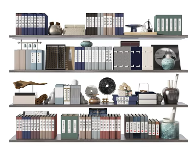 Decorative Ornaments Collection on Multi Layered Shelves With Books Vases Figurines and Decor Items 3d model
