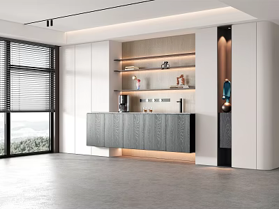 Modern Sideboard In Living Room With Coffee Machine Shelf And Decorations 3d model