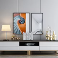 Modern TV Stand With Table Lamp Books Decorative Items Wall Art And Mirror