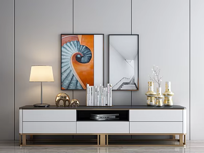 Modern TV Stand With Table Lamp Books Decorative Items Wall Art And Mirror 3d model