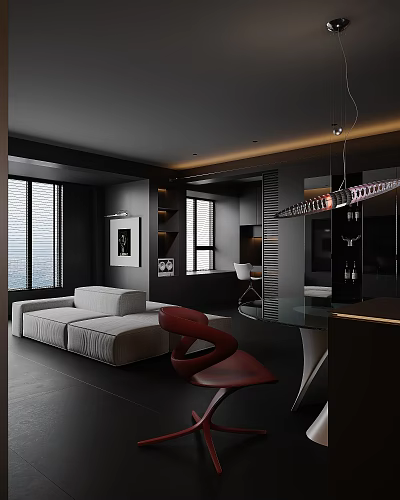 Modern Living Dining Room Interior With White Sofa Red Chair Glass Table And Pendant Light 3d model