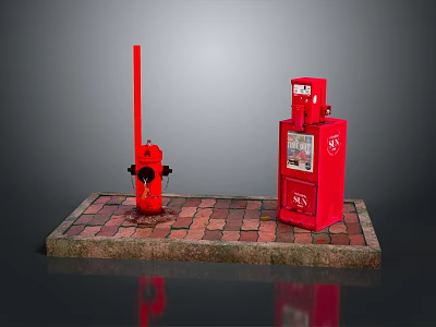 Red Fire Hydrant And Vending Machine Setup On Brick Paved Ground 3d model