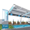 Commercial EV Charging Station with Canopy Multiple Charging Piles White Car and Green Plants